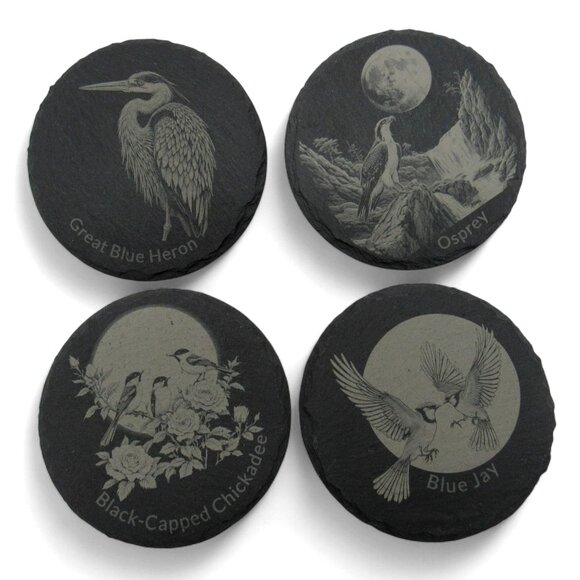 COASTERS BIRDS Engraved Round Gray Slate Set Of 4 Rustic Home - Picture 2 of 6